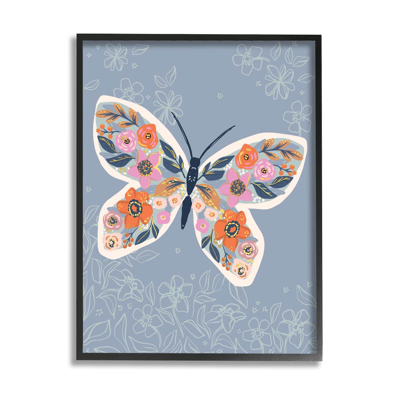 Stupell Industries Floral Pattern Butterfly Wings Spring Bloom Insect in Black Frame Wall Art
